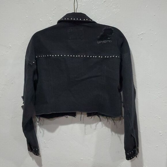 Cropped Distressed & Studded Black Jean Jacket Size XS Oversized - Picture 8 of 16